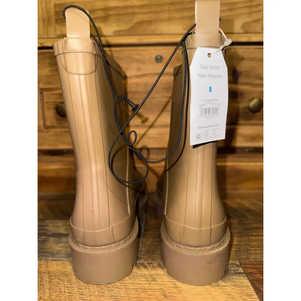 NWT Time and Tru Almond Short Buckle Rain Boots Beige Lug Sole Size 8
